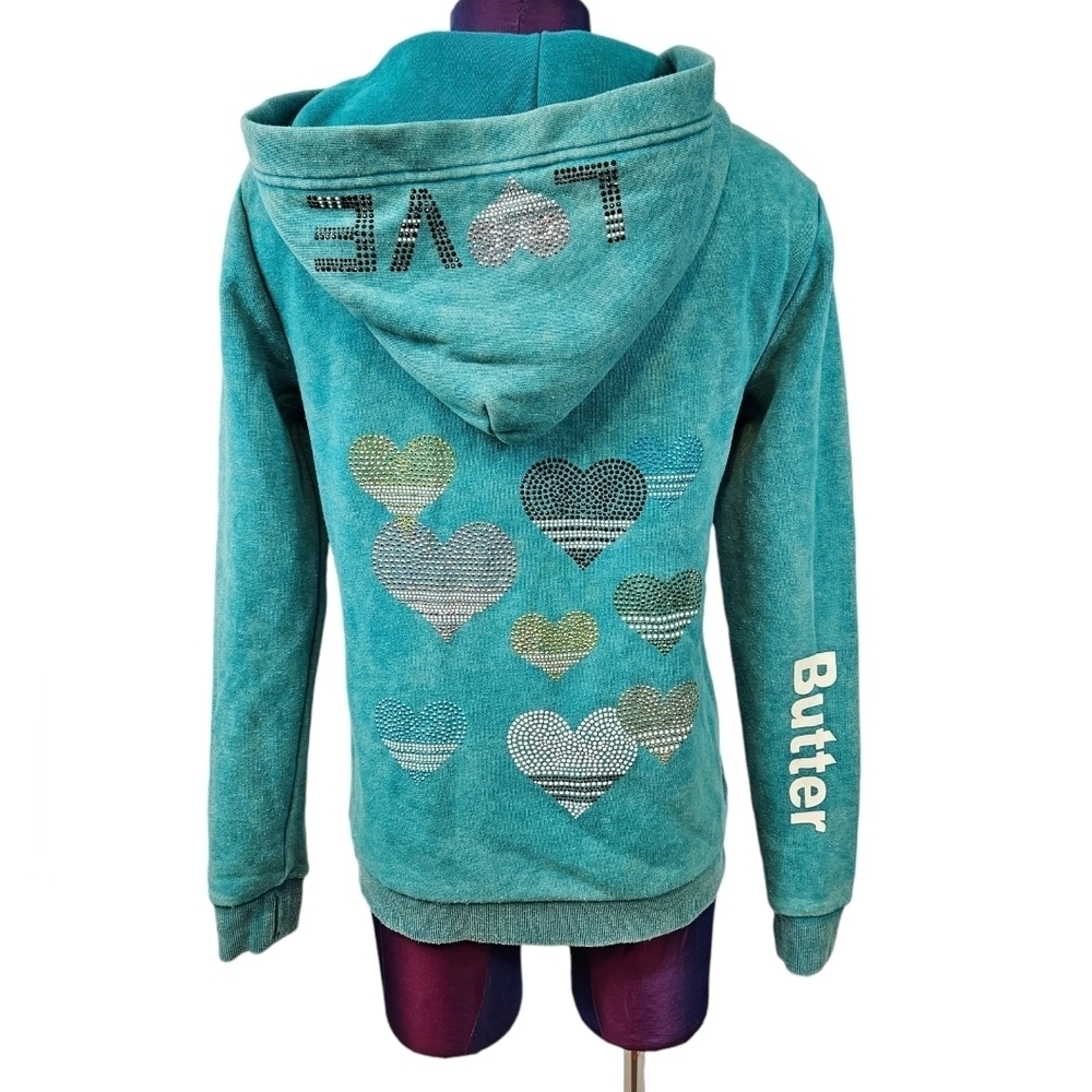 Butter Teal Hooded Sweatshirt Rhinestone Love & Hearts Lace Up Neckline XL Girls